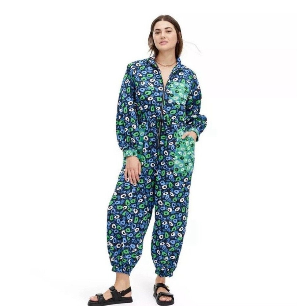 DVF for Target Women's Nylon Jazz Dot Green Blue Sports Leopard Jumpsuit Size 1X